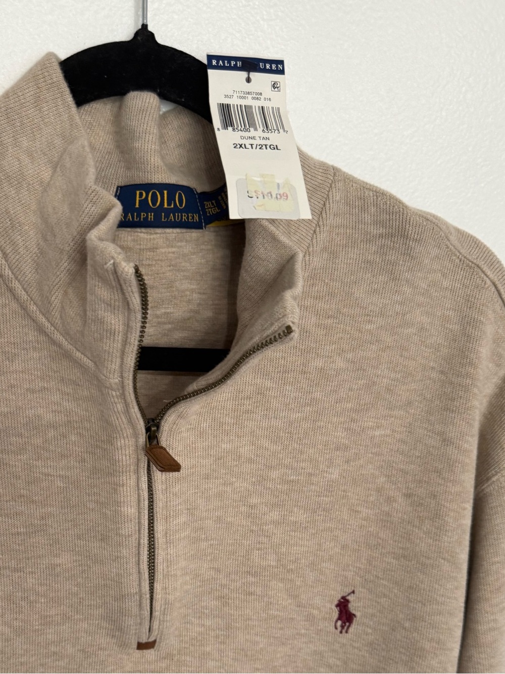 Polo by Ralph Lauren Men's Quarter-Zip Sweater Beige with Burgundy Pony
